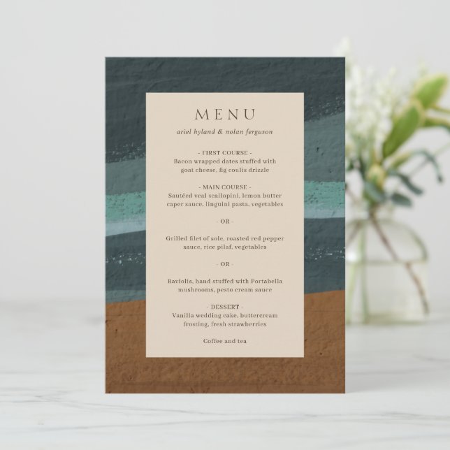 Abstract Coastal Chic Modern Wedding Menu (Standing Front)