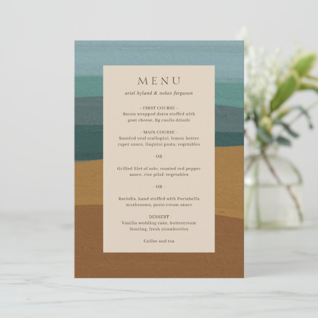Abstract Coastal Chic Modern Wedding Menu (Standing Front)