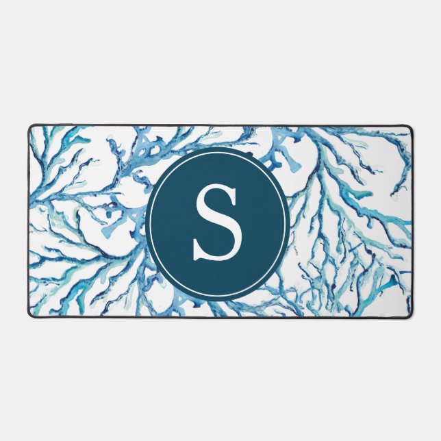 Abstract Coastal Monogram Customisable Blue Desk Mat (Front)