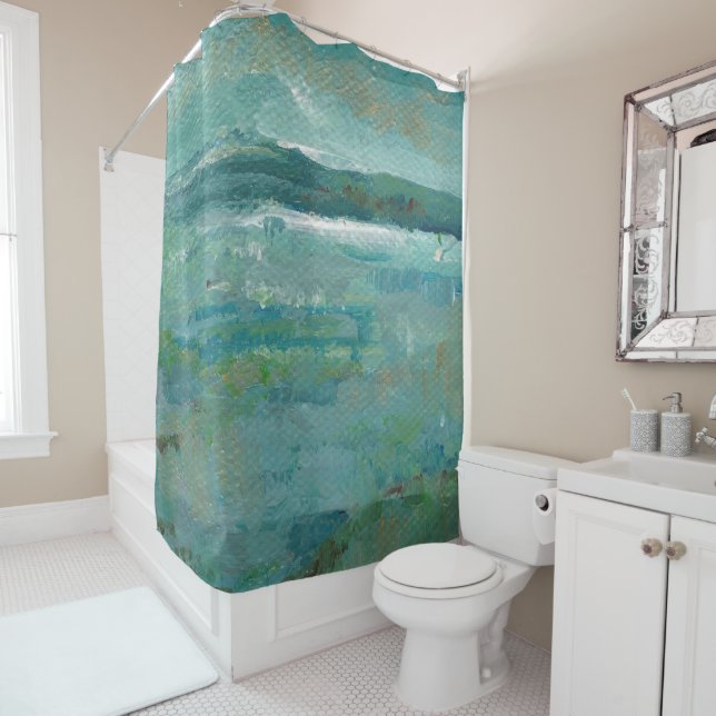 Abstract Coastal Teal Shower Curtain (In Situ)