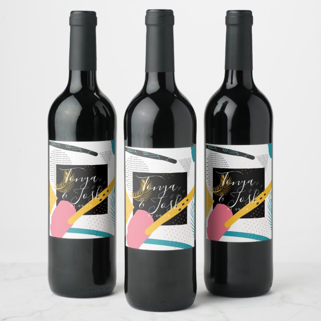 Abstract Collage Modern Colourful Bold Wedding Wine Label (Bottles)