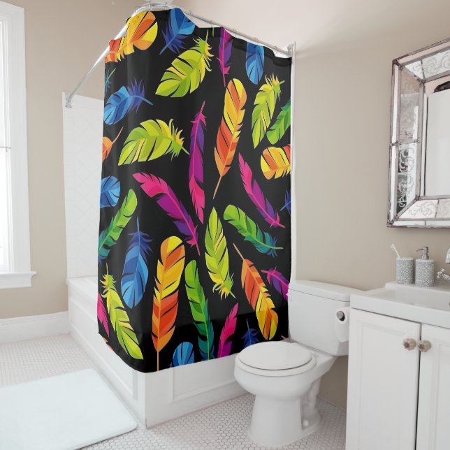 Abstract colorful feather explosion shower curtain (In Situ)