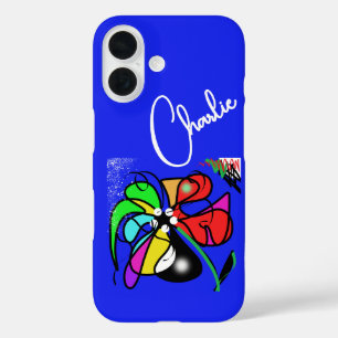 Abstract Colorful Flower on Electric Blue iPhone 16 Case