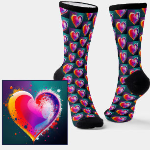Abstract Colorful Heart on Black Socks