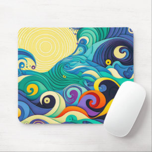 Abstract Colorful Sun Waves Line Art Illustration Mouse Mat