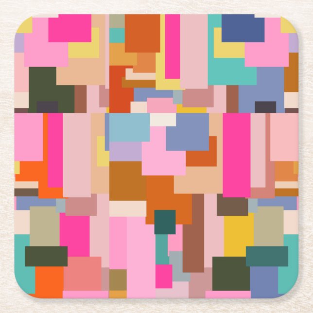Abstract Colour Block Mid Century Modern Geometric Square Paper Coaster (Front)