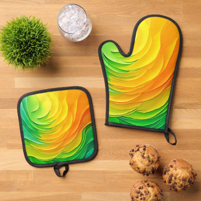 Abstract Colour Energy Flow Design Oven Mitt & Pot Holder Set (Top Down)