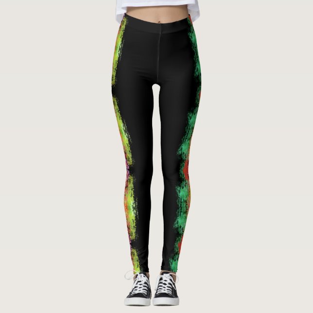 abstract colour splash floral design on black leggings (Front)