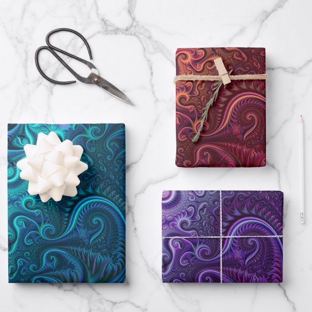 Abstract Colourful Blue Red Violet Spiral Pattern Wrapping Paper Sheet (Front)