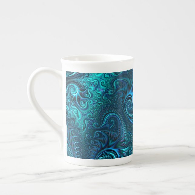 Abstract Colourful Blue & Teal Spiral Pattern  Bone China Mug (Left)