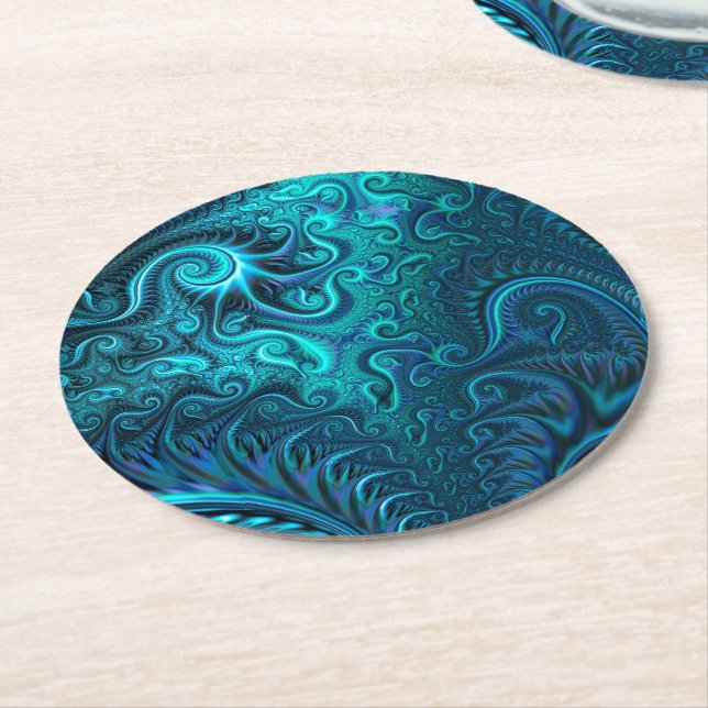 Abstract Colourful Blue & Teal Spiral Pattern  Round Paper Coaster (Angled)