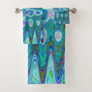 Abstract Colourful Blue Wavy Mosaic Retro Bath Towel Set