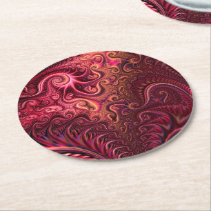 Abstract Colourful Burgundy Carmine Spiral Pattern Round Paper Coaster