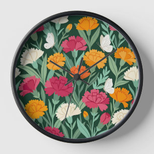 Abstract Colourful Carnations Butterflies Art Cloc Clock