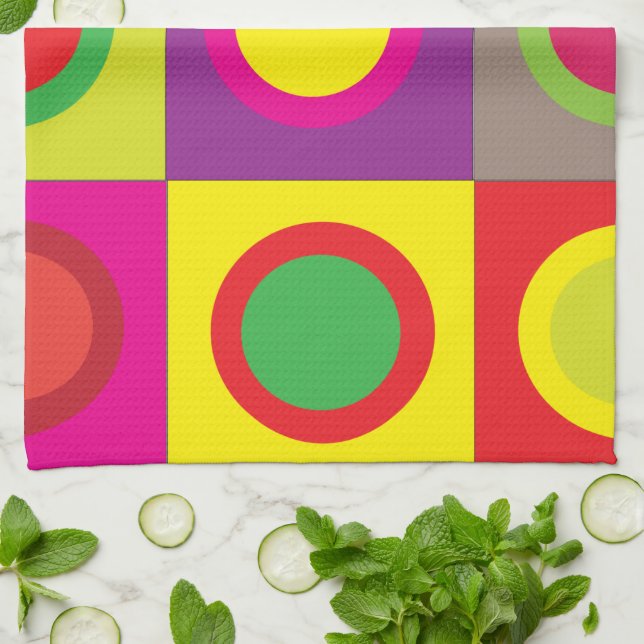 Abstract Colourful Circle Square Seamless Pattern  Tea Towel (Folded)