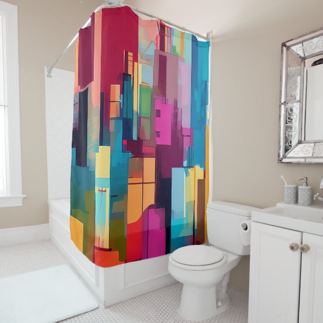 Abstract colourful city shower curtain (In Situ)