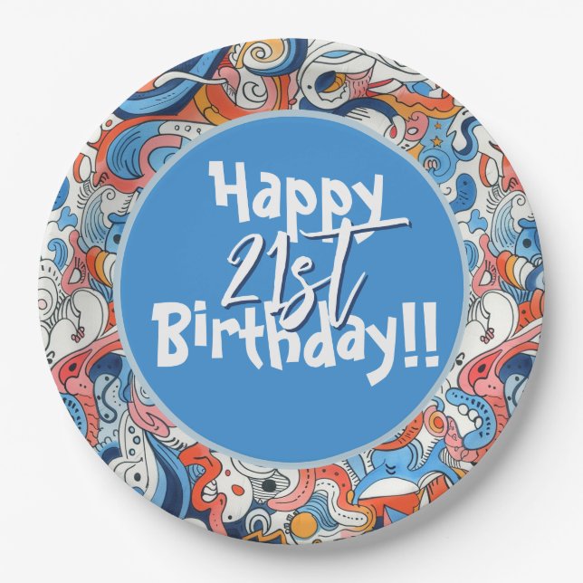 Abstract colourful doodles paper plate (Front)