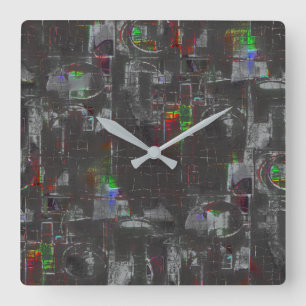 Abstract colourful drawing in dark night under jut square wall clock
