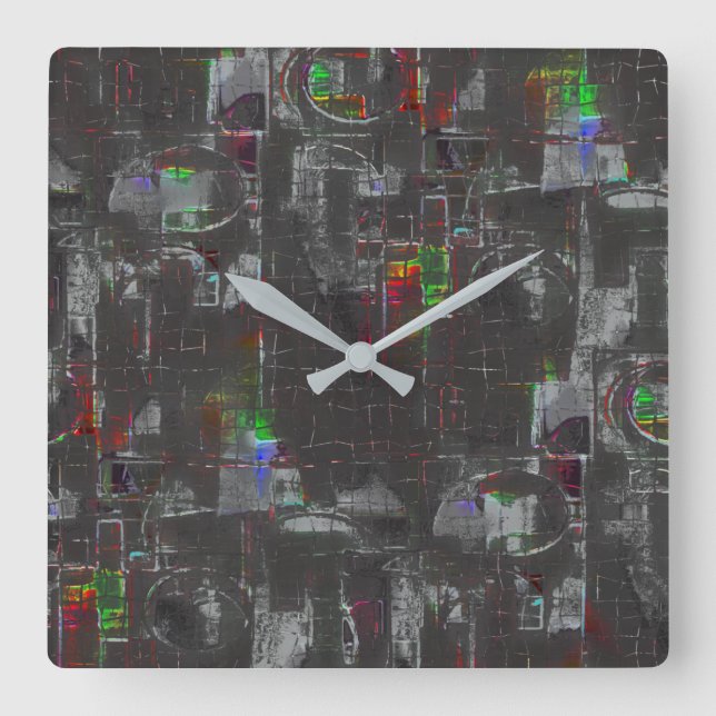 Abstract colourful drawing in dark night under jut square wall clock (Front)