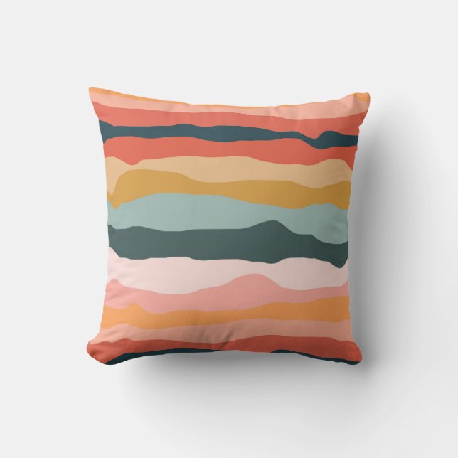 Abstract Colourful Earthy Coral Stripe Pattern Cushion (Front)