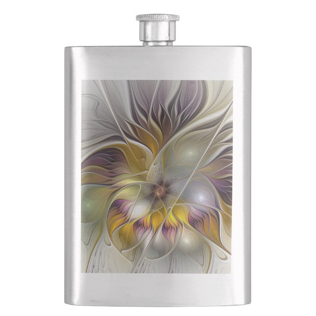 Abstract Colourful Fantasy Flower Modern Fractal Hip Flask (Front)