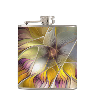 Abstract Colourful Fantasy Flower Modern Fractal Hip Flask