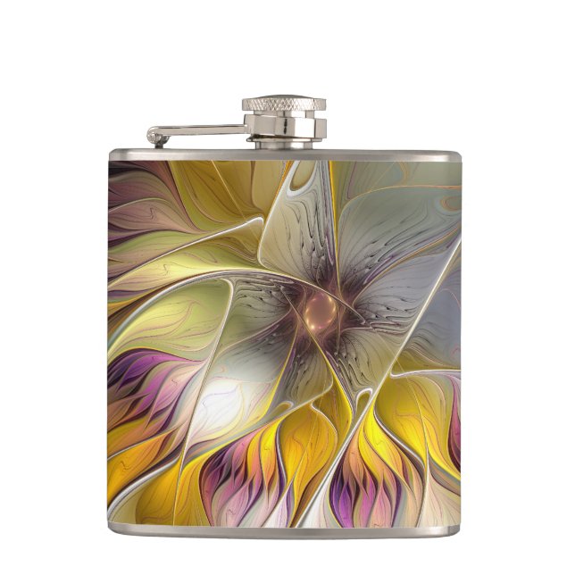 Abstract Colourful Fantasy Flower Modern Fractal Hip Flask (Front)