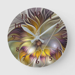 Abstract Colourful Fantasy Flower Modern Fractal Round Clock