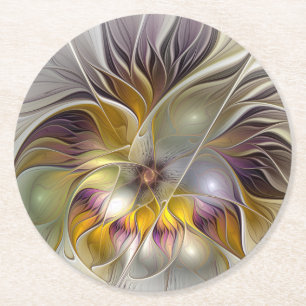 Abstract Colourful Fantasy Flower Modern Fractal Round Paper Coaster