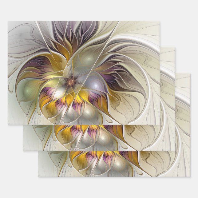 Abstract Colourful Fantasy Flower Modern Fractal Wrapping Paper Sheet (Set)