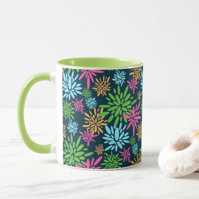 Abstract Colourful Fireworks Flowers Mug (With Donut)