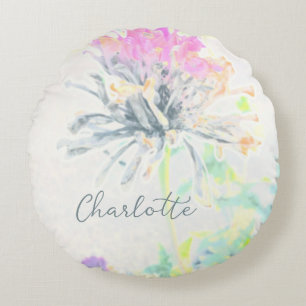 Abstract Colourful Floral Custom Name Round Cushion