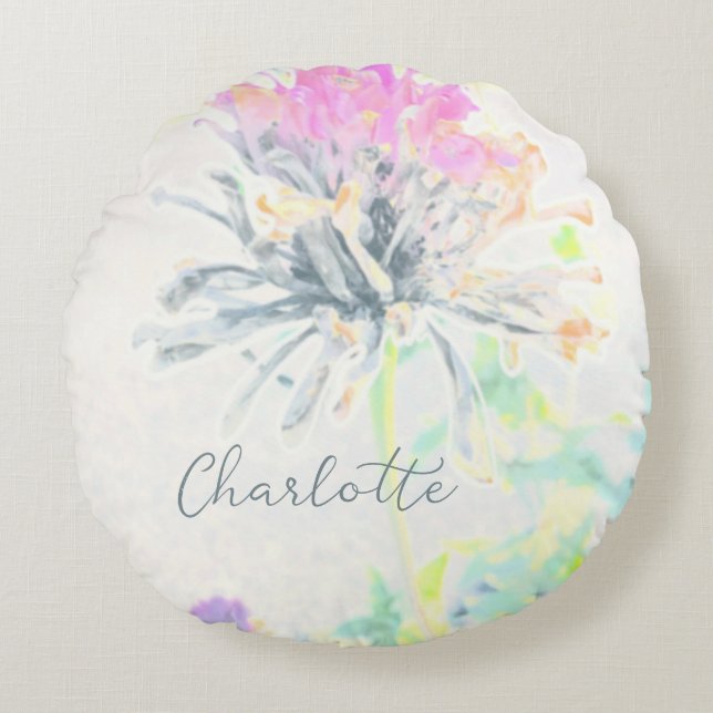 Abstract Colourful Floral Custom Name  Round Cushion (Front)