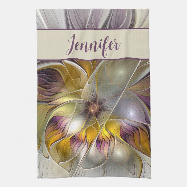 Abstract Colourful Flower Modern Fractal Art Name Tea Towel (Vertical)