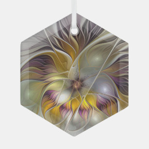 Abstract Colourful Flower Modern Fractal Hexagon Glass Tree Decoration