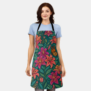 Abstract Colourful Folk Lilies Monarch Apron