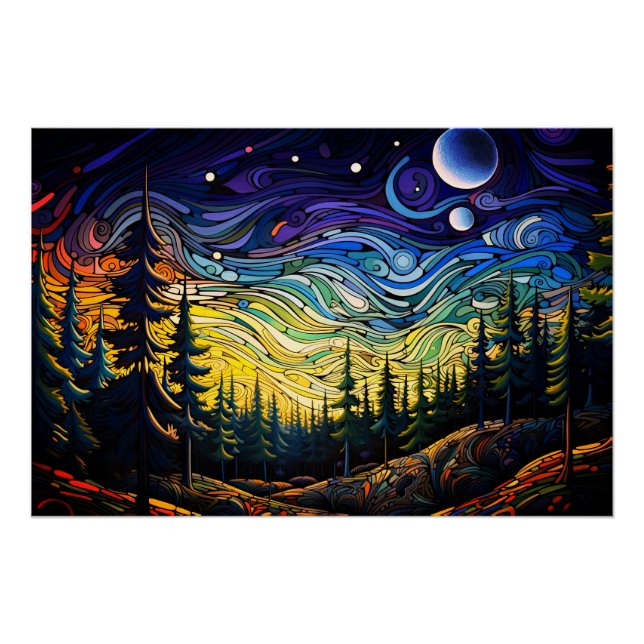 Abstract Colourful Forest Tree Sunset Landscape Poster (Front)