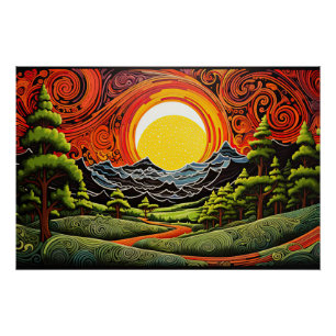 Abstract Colourful Forest Tree Sunset Landscape Poster