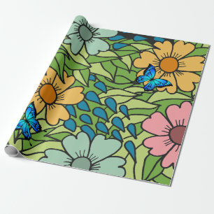 Abstract Colourful Garden Flowers and Butterflies  Wrapping Paper