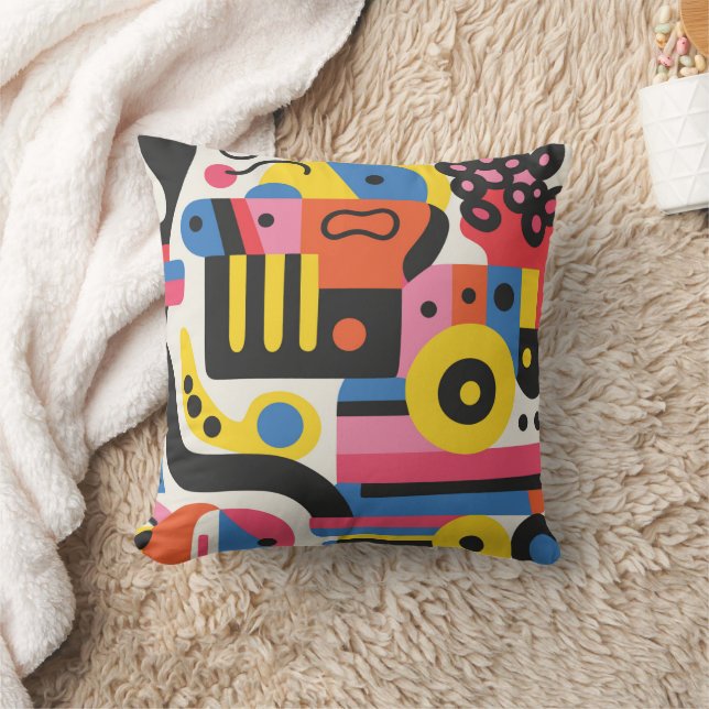 Abstract Colourful Geometric Patterns Black Yellow Cushion (Blanket)