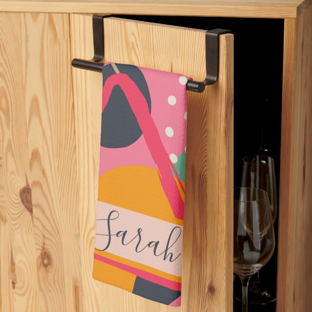 Abstract Colourful Geometric Pink Orange Design Tea Towel (Thirds Fold)