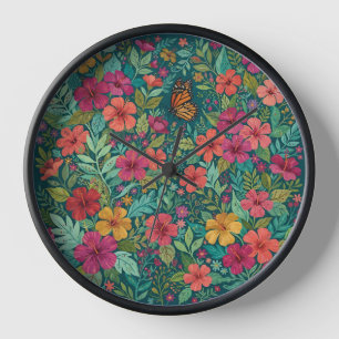 Abstract Colourful Hibiscus Butterfly Art Clocks