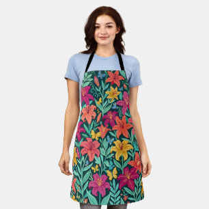 Abstract Colourful Lilies Butterflies Garden Apron