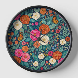 Abstract Colourful Monarch Roses Garden Art Clocks