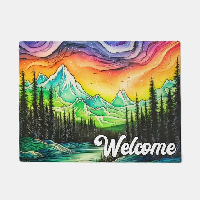 Abstract Colourful Northern Lights Illustration Doormat (Front)