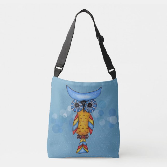 Abstract Colourful Owl Big Blue Eyes on Blue Crossbody Bag (Front)