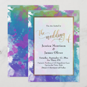 Abstract Colourful Paint Splatters Gold Wedding Invitation