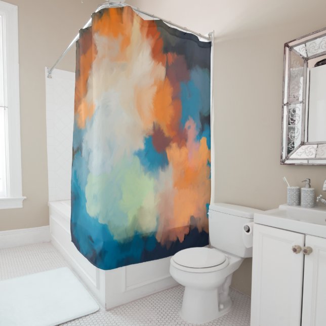 Abstract, colourful, painting, terracotta, blue shower curtain (In Situ)