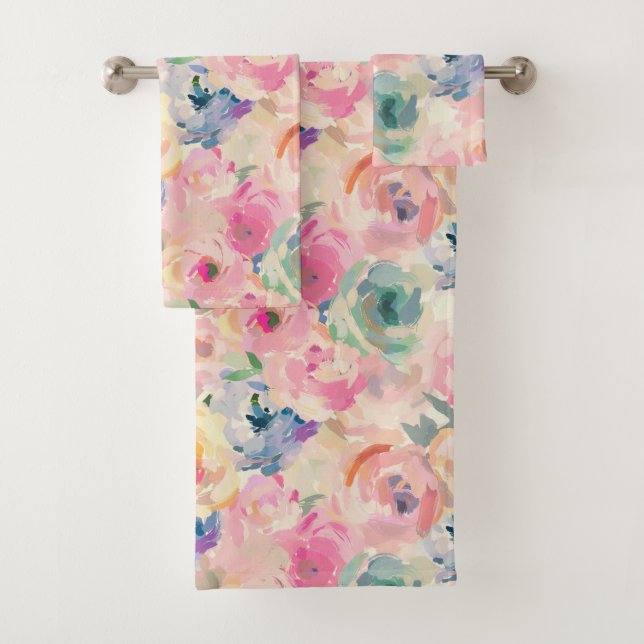Abstract Colourful Pastel Flowers Floral Pattern Bath Towel Set (Insitu)