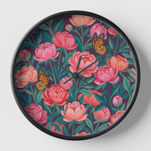 Abstract Colourful Peonies Butterflies Art Clocks